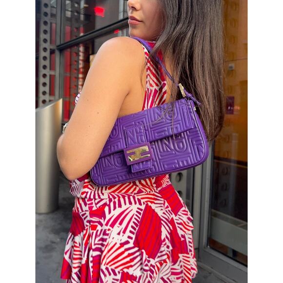 Fendi Purple Nappa Embossed Logo Leather Shoulder Baguette Bag - Picture 2 of 11